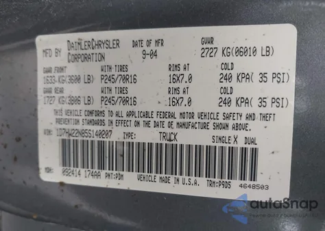 2005 Dodge Dakota St z USA, uszkodzony, nr VIN 1D7HW22N85S140207